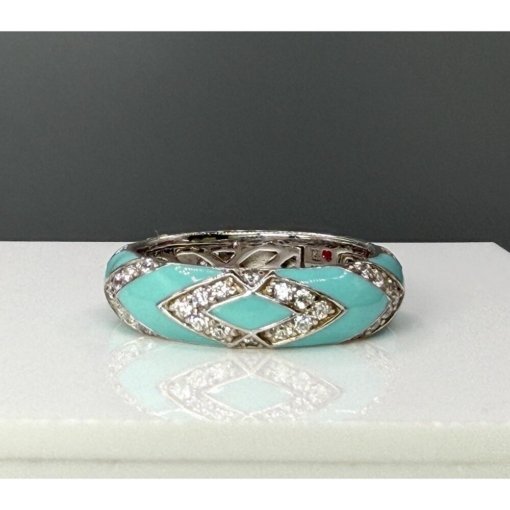 Hidalgo 925 Sterling Silver Aqua Blue Enamel CZ Ring Signed  Size 10 w/ box